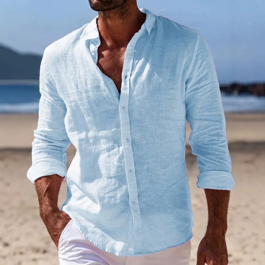 Men's Casual Long Sleeve Shirt Linen Look Cotton Blend Polyester Button Down Top Loose Fit Lapel Shirt For Beach Vacation