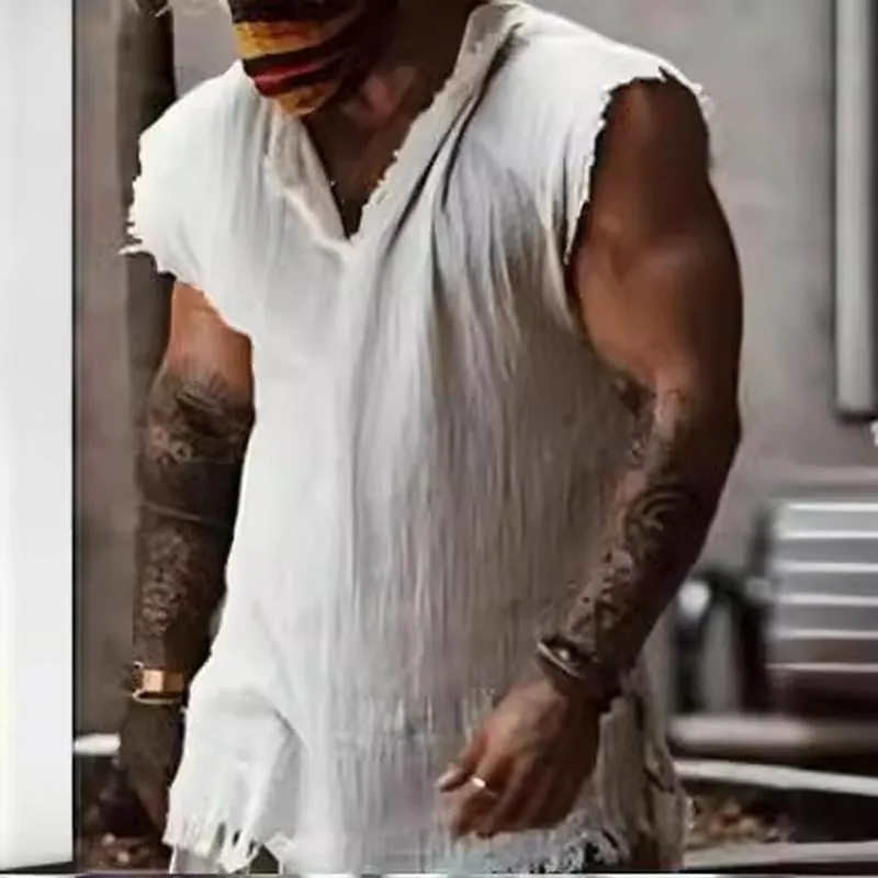 Men's Casual Cotton Sleeveless Top V-Neck Frayed Edges Summer Tank Top Western Style Retro Pullover Shirt Vest