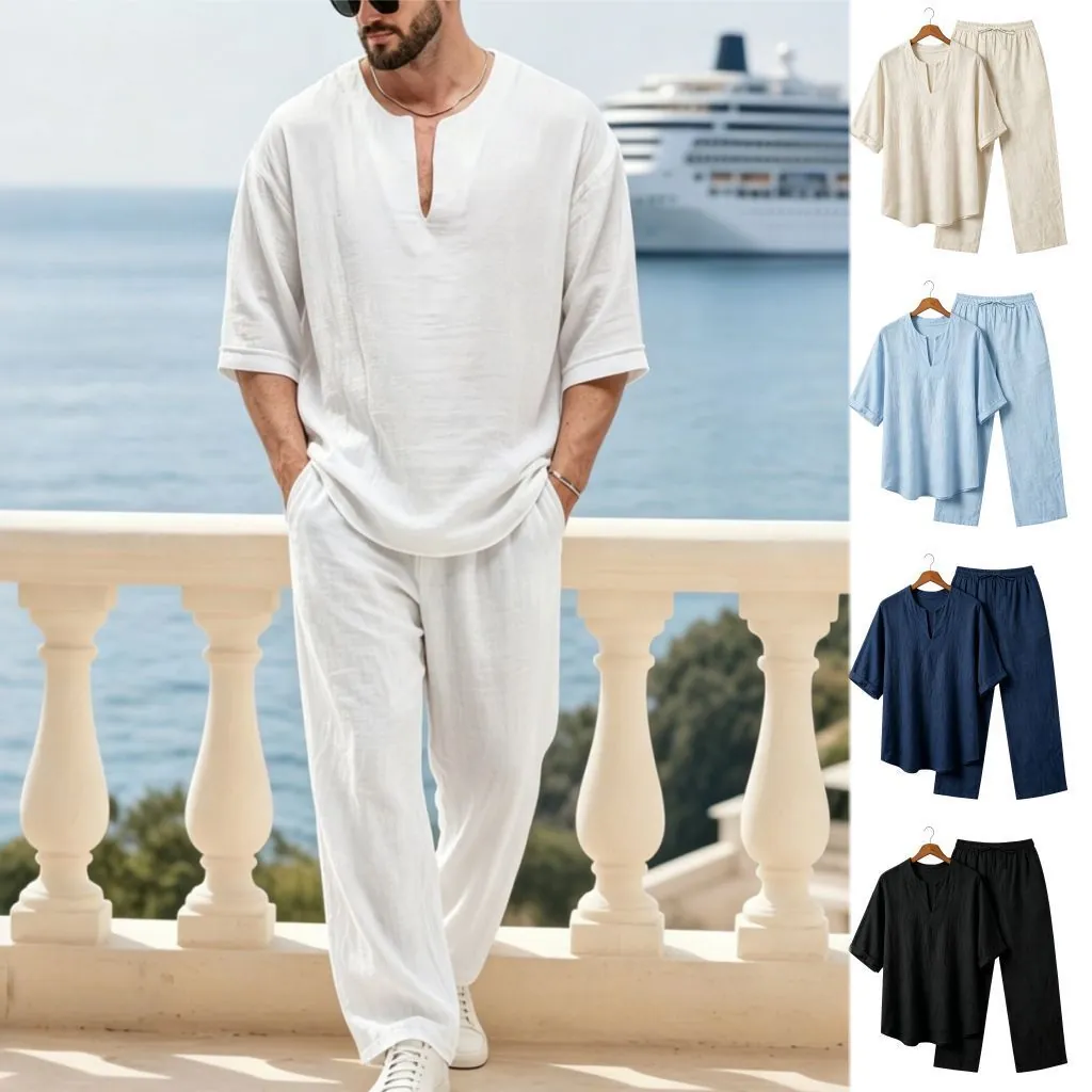 Set Casual Uomo in Lino Estivo Top E Bottom Scollo a V Mezza Manica T-Shirt Larga E Pantaloni Lunghi Dritti Completi da Vacanza