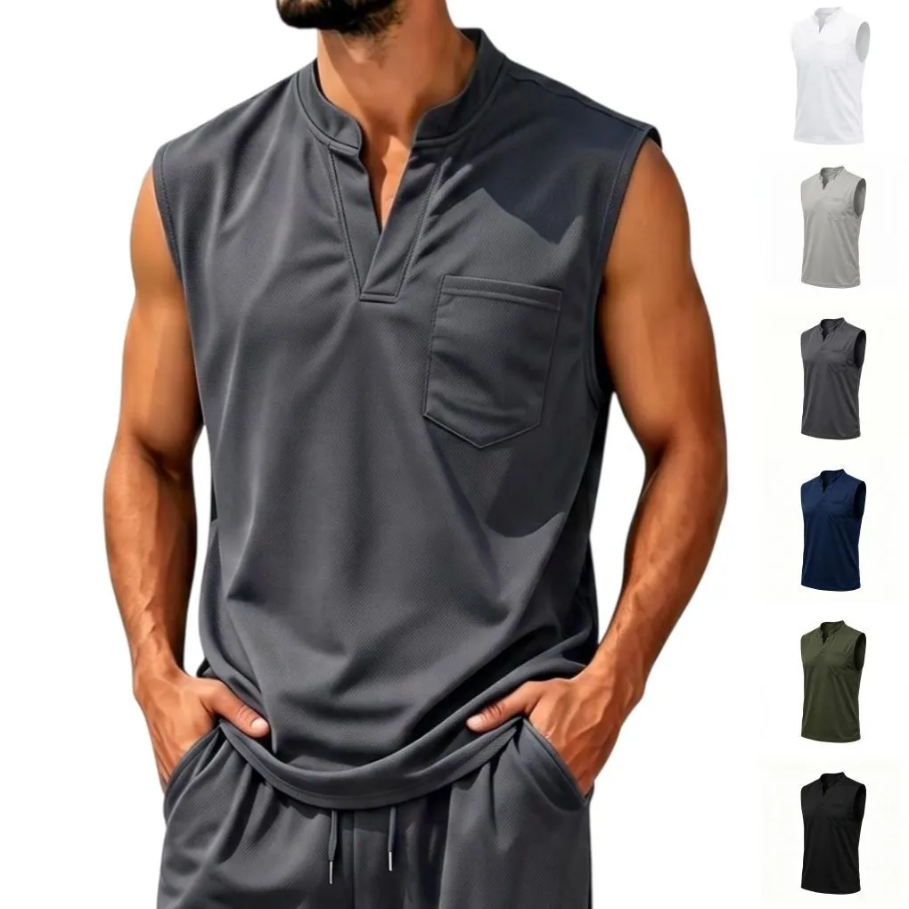 Men's Quick Dry Tank Top V-Neck Sleeveless Casual Beach Top Breathable Mesh Sport Vest With Chest Pocket Solid Color Fashion Top