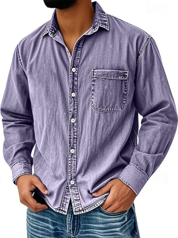 Men Retro Washed Cotton Denim Shirt Long Sleeve American Workwear Shirt Vintage Casual Top With Single Chest Pocket