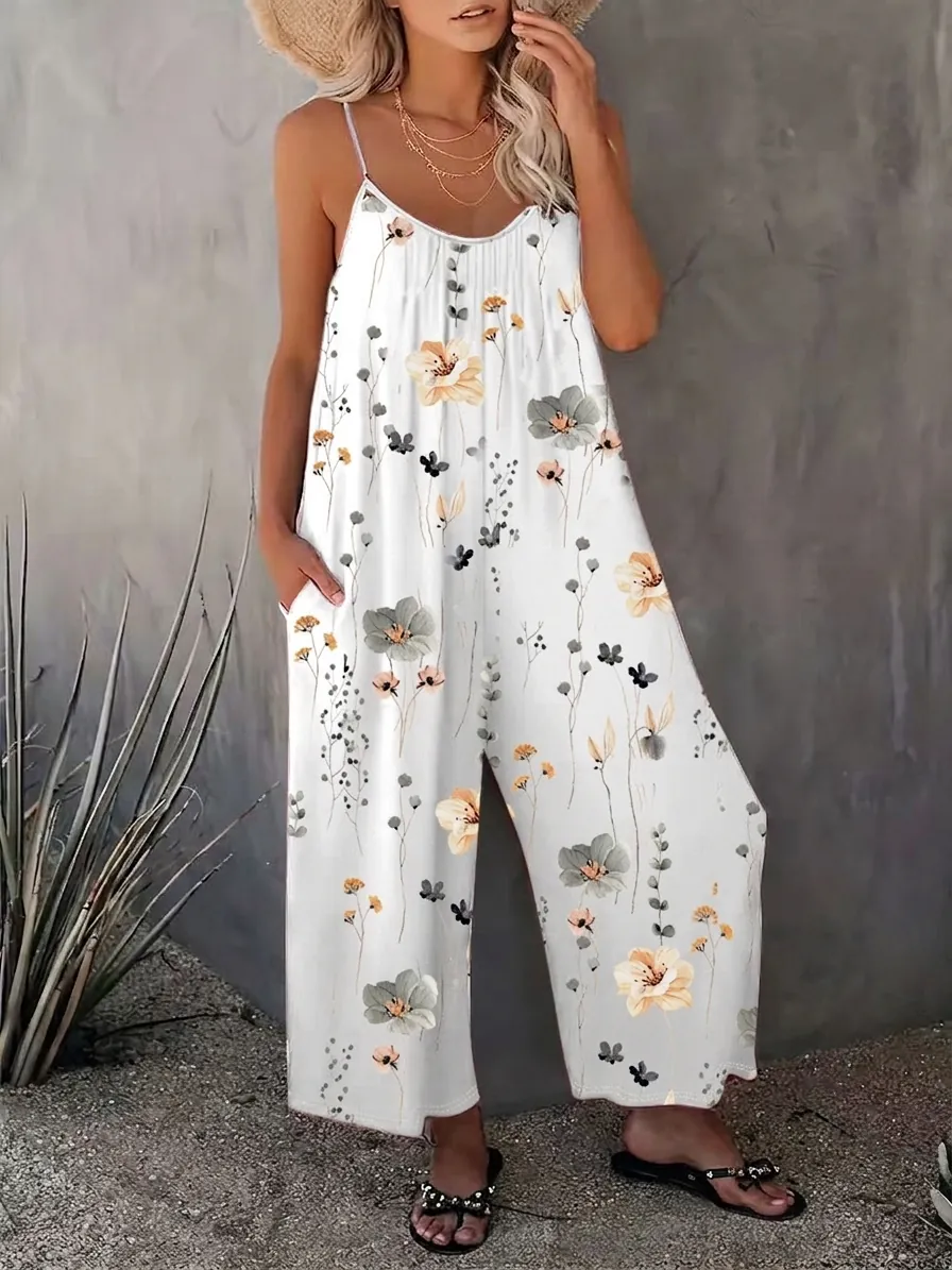 Women's Casual Floral Print Sleeveless Jumpsuit Bohemian Spaghetti Strap Wide Leg Romper With Pockets Summer Vacation Beachwear