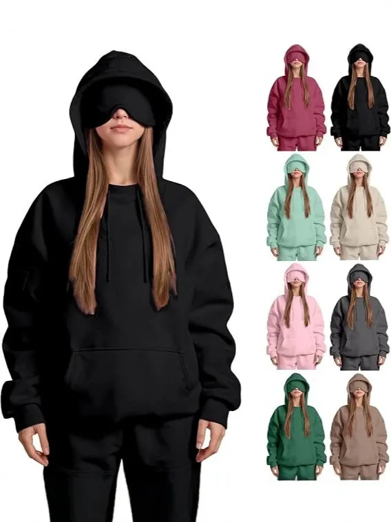 Unisex Oversized Φούτερ Με Κουκούλα Και Παντελόνι Με Ενσωματωμένη Μάσκα Ματιών Fleece Μείγμα Βαμβακιού Casual Jogger Σύνολο
