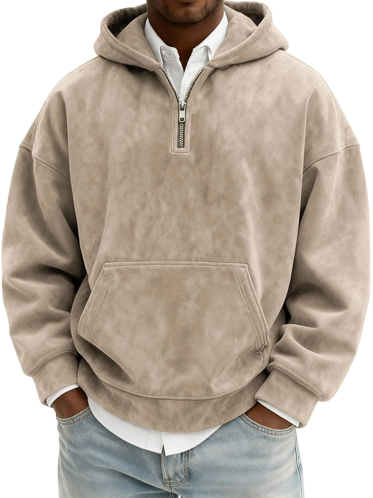 Men's American Vintage Suede Half Zip Hoodie Oversized Long Sleeve Sweatshirt Distressed Solid Color Pullover Top With Kangaroo Pocket
