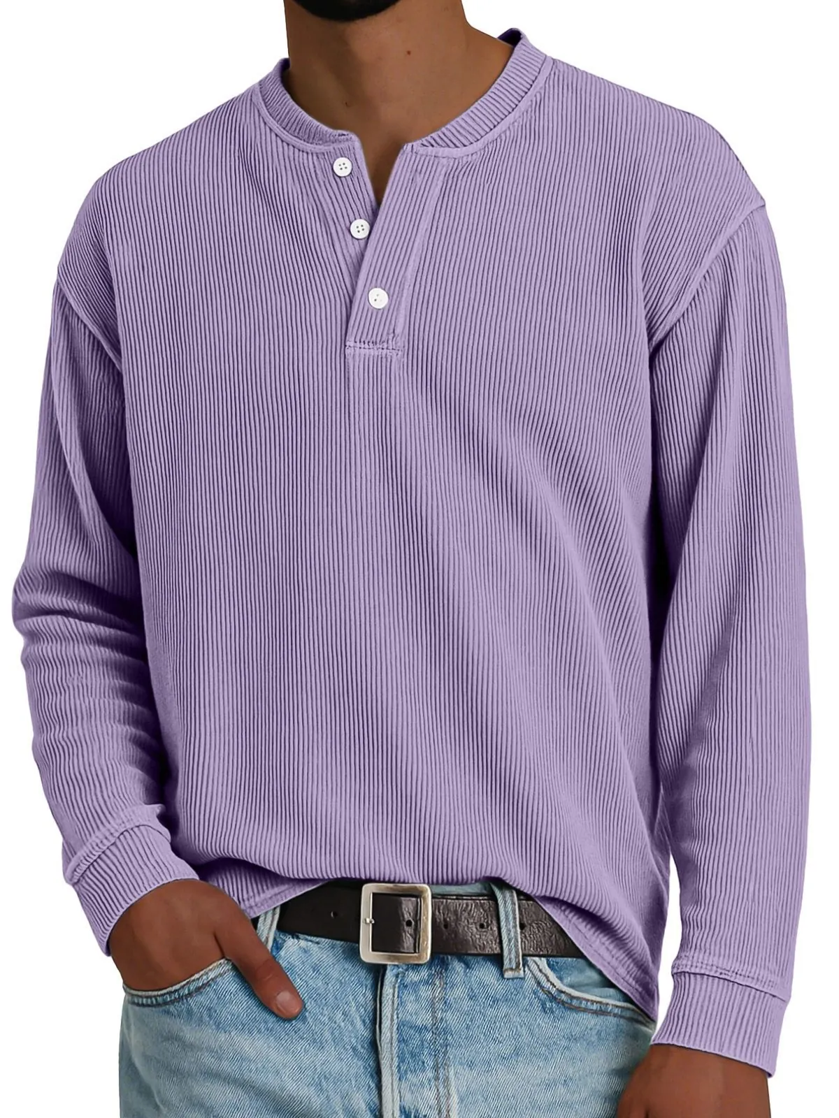Men Henley Neck Long Sleeve T-Shirt Vintage Ribbed Striped Top Casual Slim Fit Autumn Winter Fashion Solid Color Tee