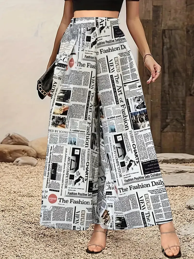 Women High Waist Wide Leg Pants Vintage 3D Newspaper Print Loose Drape Casual Trousers Polyester Spandex Bottom