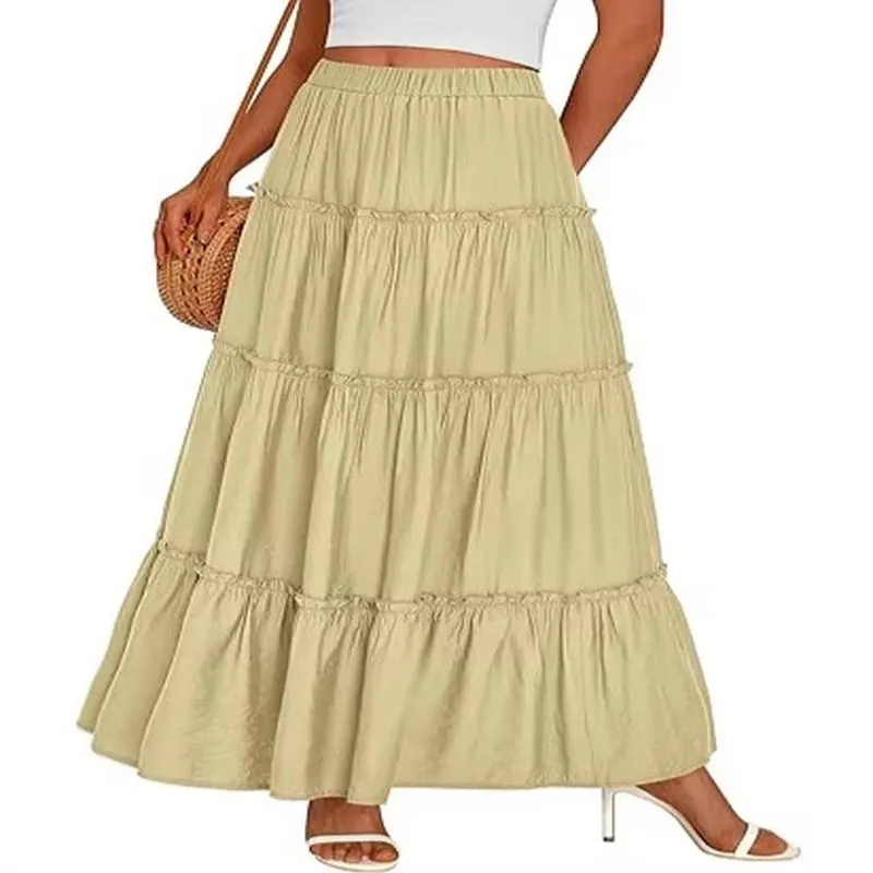 Women Tiered Pleated A-Line Maxi Skirt High Waist Elastic Double Layer With Inner Lining Summer Beach Bohemian Skirt