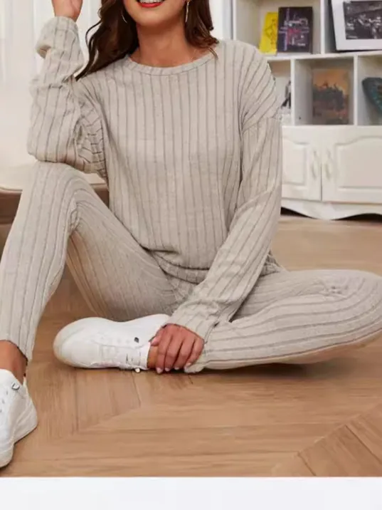 Damen Rippstrick-Set Oberteil Und Hose Rundhals Locker Langarm Top Und Hose Warme Loungewear Herbst Winter Trainingsanzug