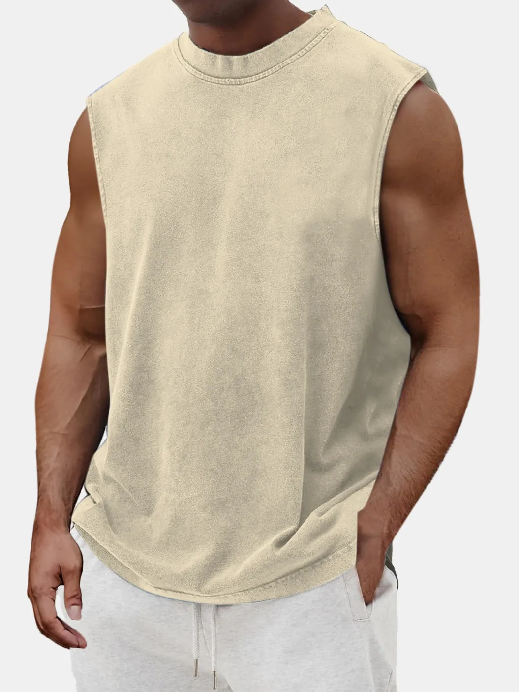 Camiseta de Tirantes de Algodón Pesado para Hombre Borde Crudo Camiseta Sin Mangas Vintage Lavada Chaleco Retro High Street Color Sólido Casual Deporte