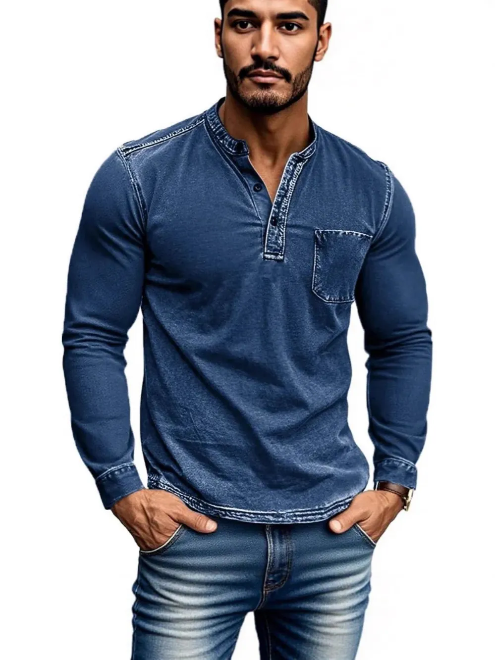 Men Vintage Washed Polyester Henley Shirt Slim Fit Long Sleeve Distressed Casual Pullover Top With Chest Pocket For Autumn