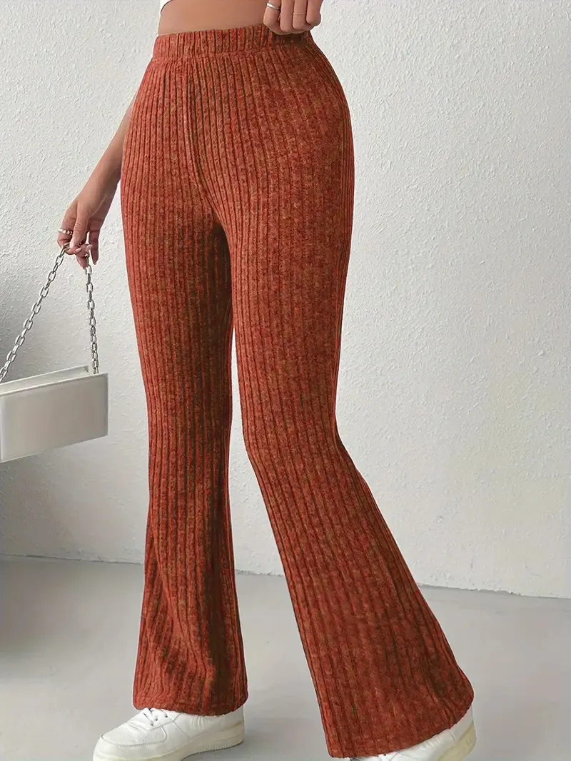 Pantaloni a Zampa a Vita Alta da Donna Leggings Slim Fit in Maglia a Costine Tinta Unita Casual Trama Spazzolata Parte Inferiore