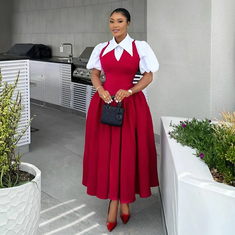 Women Elegant Fake Two Piece Maxi Dress Puff Sleeve Shirt Collar High Waist Slimming Patchwork Retro Long Summer Dress