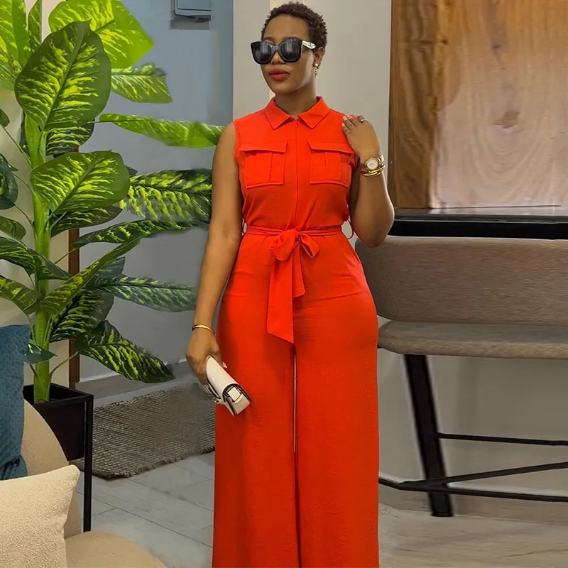 Women's Sleeveless Jumpsuit Lapel Collar Waist Tie Loose Wide Leg Romper Summer Casual Polyester Solid Color Overall