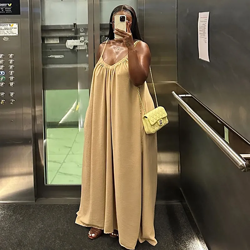 Vestido Largo Maxi para Mujer Verano Casual con Cuello en V y Tirantes Finos Color Sólido Poliéster Plisado Vestido de Playa