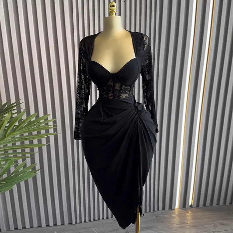 Women Elegant Polyester Lace Long Sleeve Midi Dress Square Neck Ruched High Waist Slim Fit Black Party Evening Fashion Dress