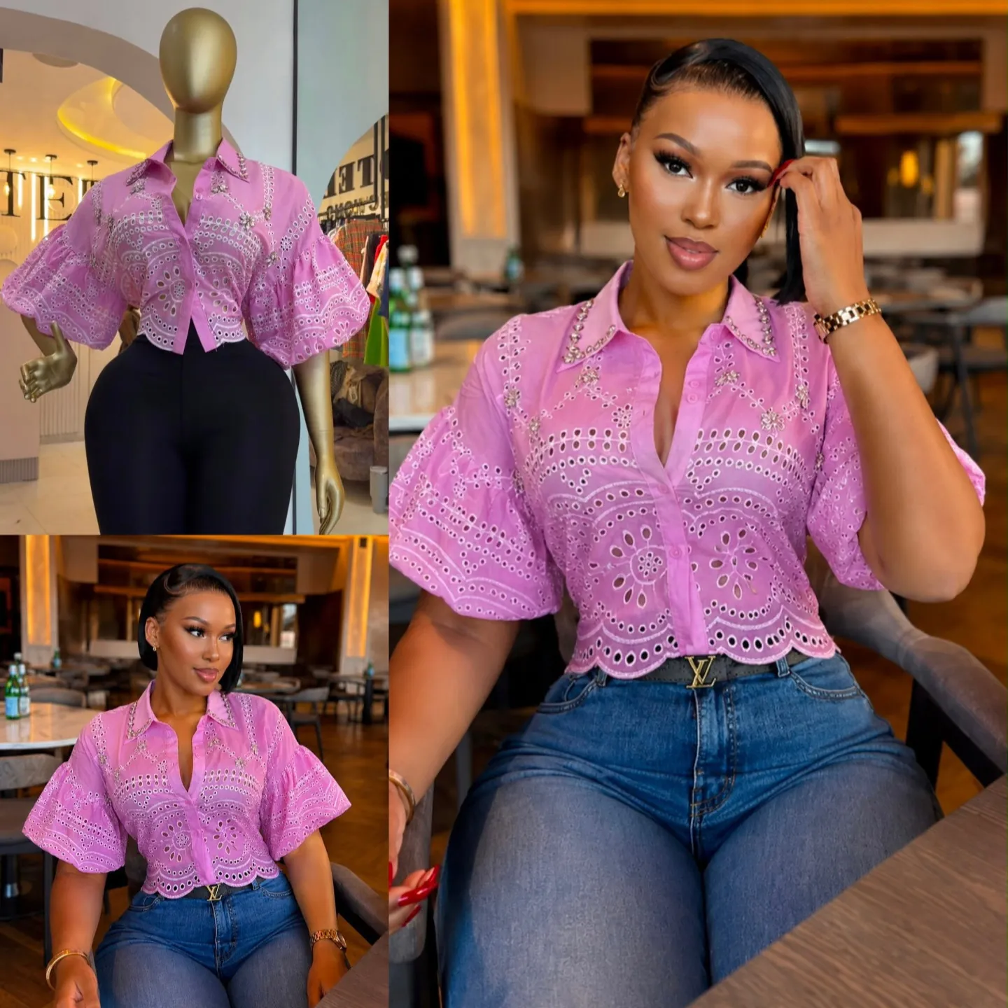 Women Fashion Hollow Out Eyelet Shirt Rhinestone Lantern Sleeve Crop Top Summer Solid Color Polyester Lapel Blouse Top
