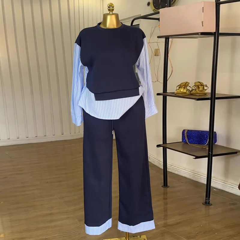 Women's Casual Polyester Striped Spliced Leisure Set Round Neck Fake Two-Piece Top and High Waist Long Pants Set