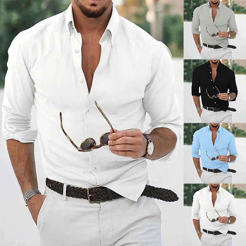 Men's Casual Linen Cotton Blend Long Sleeve Shirt Solid Color Lapel Button Down Top Breathable Comfortable Fashion Men Clothing