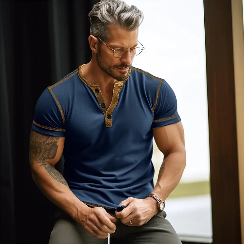 Men's Henley Neck Short Sleeve T-Shirt Cotton Blend Slim Fit Casual Summer Top With Contrast Stitching Detail