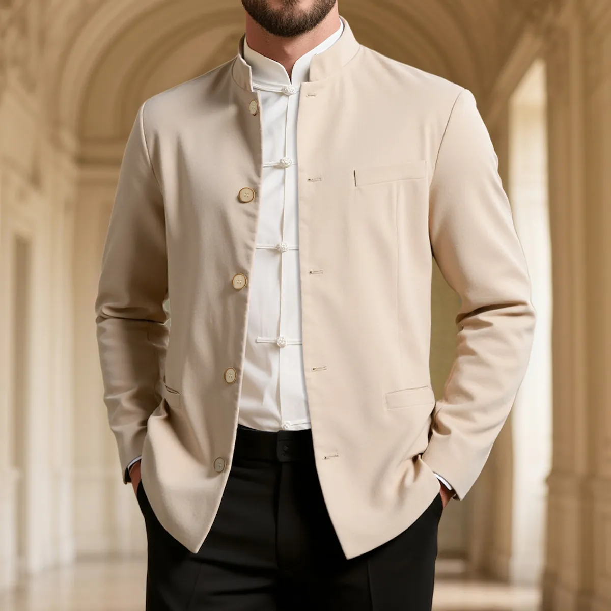 Chinese Style Men Stand Collar Blazer Cotton Linen Blend Casual Business Jacket Slim Fit Navy Khaki Green Sky Blue Top