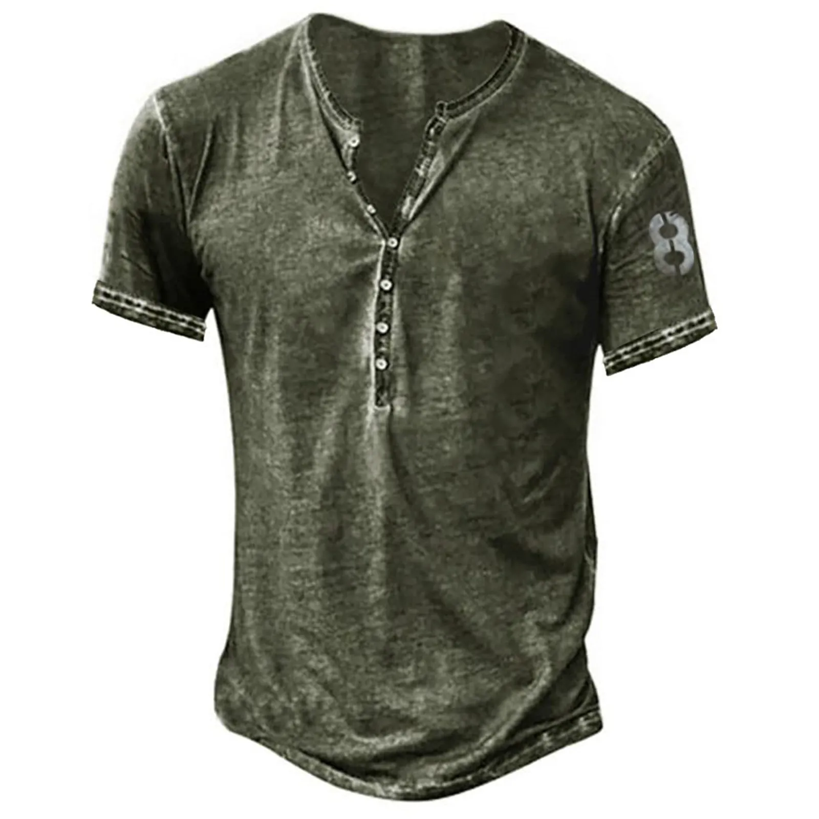 Men's Vintage Henley Neck T-Shirt Short Sleeve Casual Acid Wash Top With Digital Number 8 Print Summer Basic Clothing