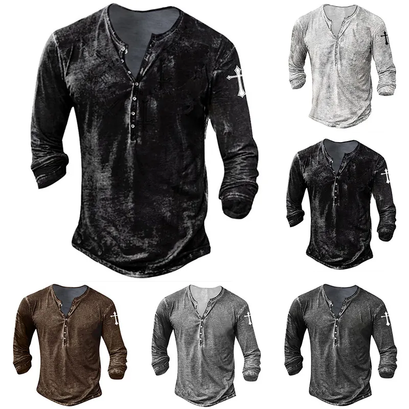 Men's Casual Long Sleeve Henley Shirt Cross Print Acid Wash Snowflake Pattern Top Polyester Fashion Tee For Teens Daily Wear