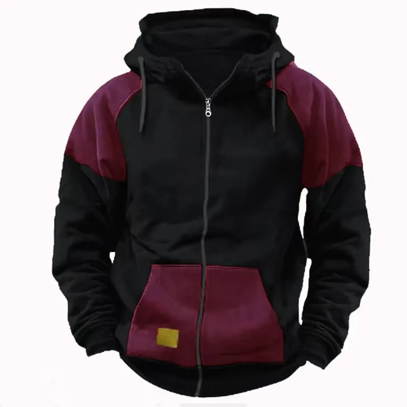 Men's Casual Color Block Patchwork Full Zip Hooded Sweatshirt Loose Long Sleeve Top For Autumn Winter Athletic Hoodie