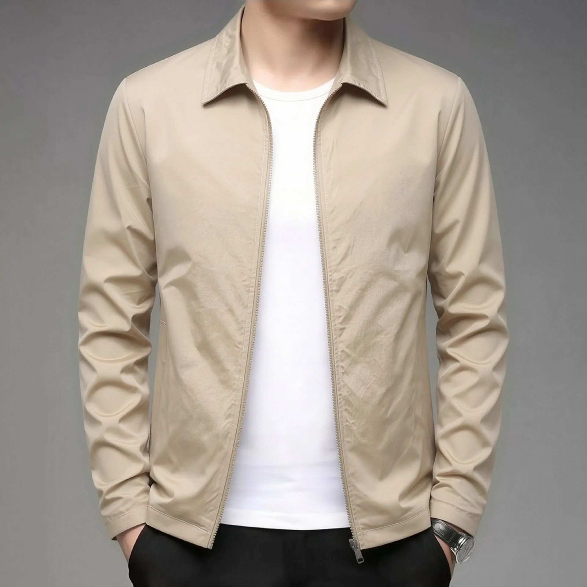 Chaqueta Casual de Negocios para Hombre Color Sólido Cremallera Primavera Otoño Ligera Solapa Manga Larga Cortavientos Top