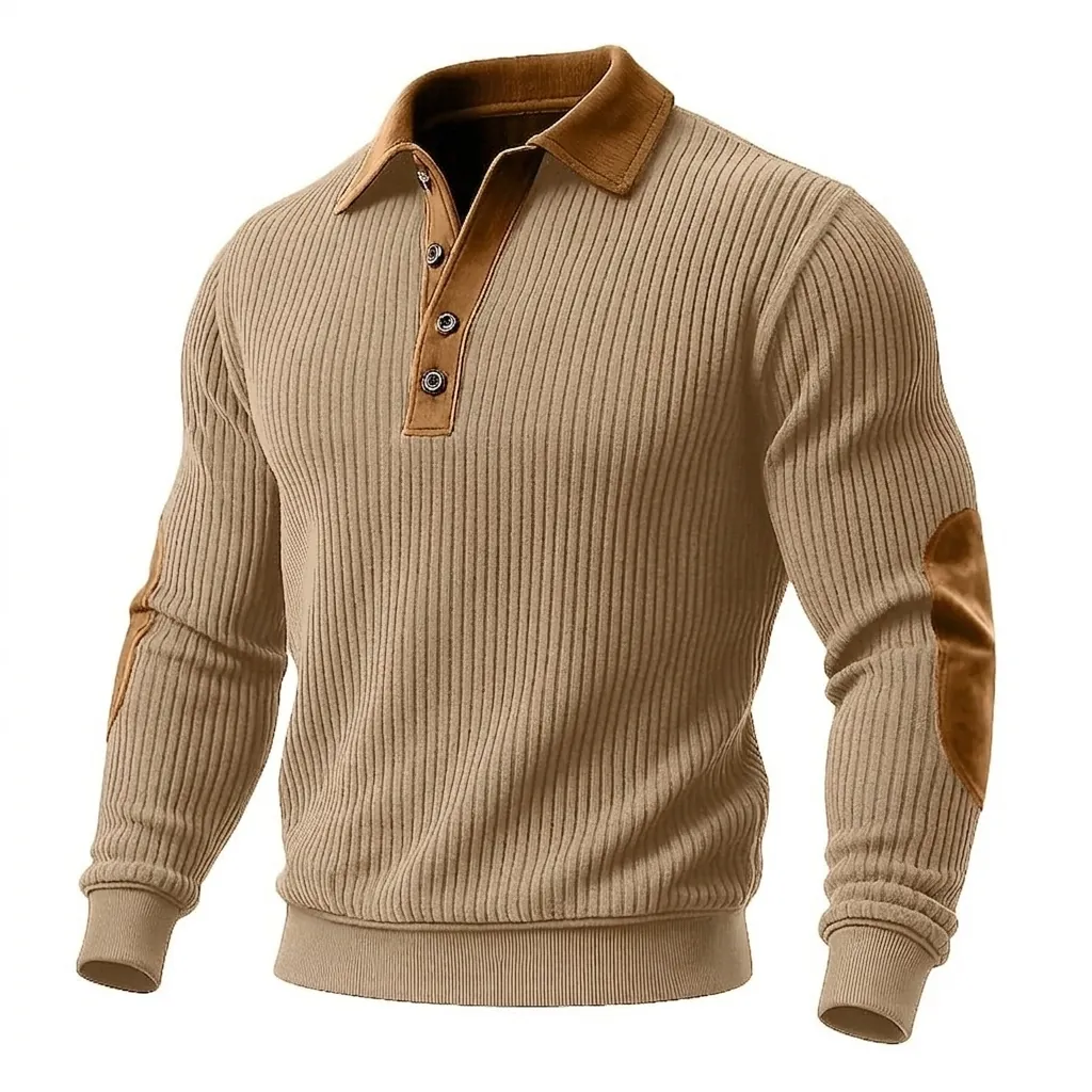 Men's Casual Striped Knit Sweatshirt With Suede Lapel Collar Contrast Elbow Patches Long Sleeve Pullover Autumn Winter Fashion Top