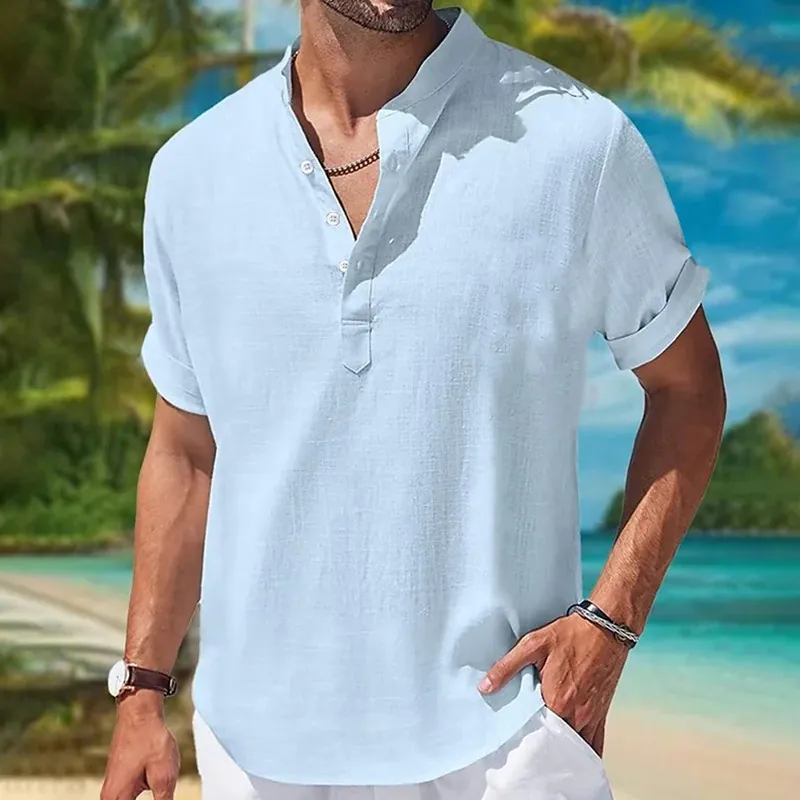 Men's Casual Cotton Blend Short Sleeve Henley Shirt Solid Color Mandarin Collar Loose Fit Summer Beach Vacation Top