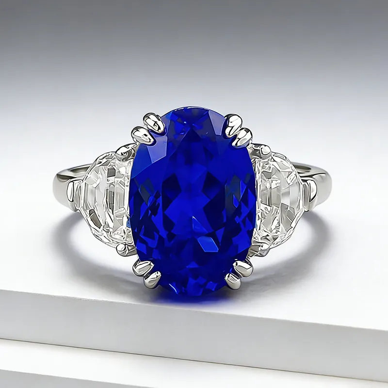 Luxus 925 Sterlingsilber Oval Kobaltblau Lab-Grown Saphir Drei-Stein Ring Für Damen Strass Geometrisch Pendeln Mode Schmuck Fingerring