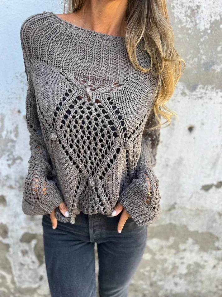 Pull Femme Décontracté Ample Ajouré en Tricot Crochet Manches Longues Col Rond Décoration Pompon Top Boho