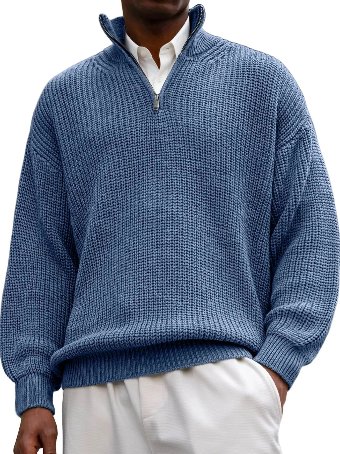 Maglione da Uomo Casual Mezza Zip Collo Rialzato Manica Lunga Pullover Maglia Grossa Poliestere Lana Inverno Moda Sopra