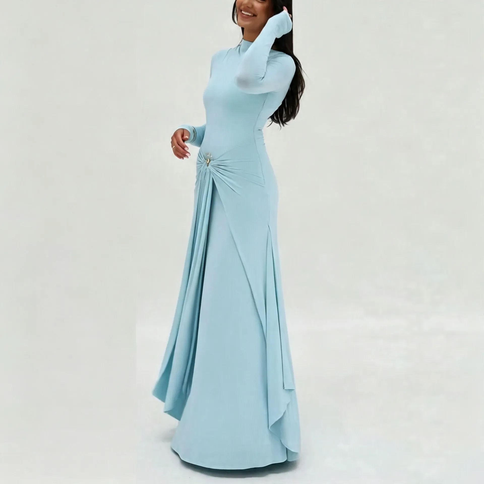 Elegant Space-Baumwolle Langarm Maxi-Kleid Mit Metallschnalle Raffung Slim Fit Einfarbig Etuikleid Für Damen Casual Alltag