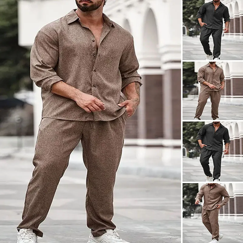 Ensemble Deux Pièces Décontracté pour Hommes en Mélange de Coton Chemise à Manches Longues à Revers et Pantalon Couleur Unie