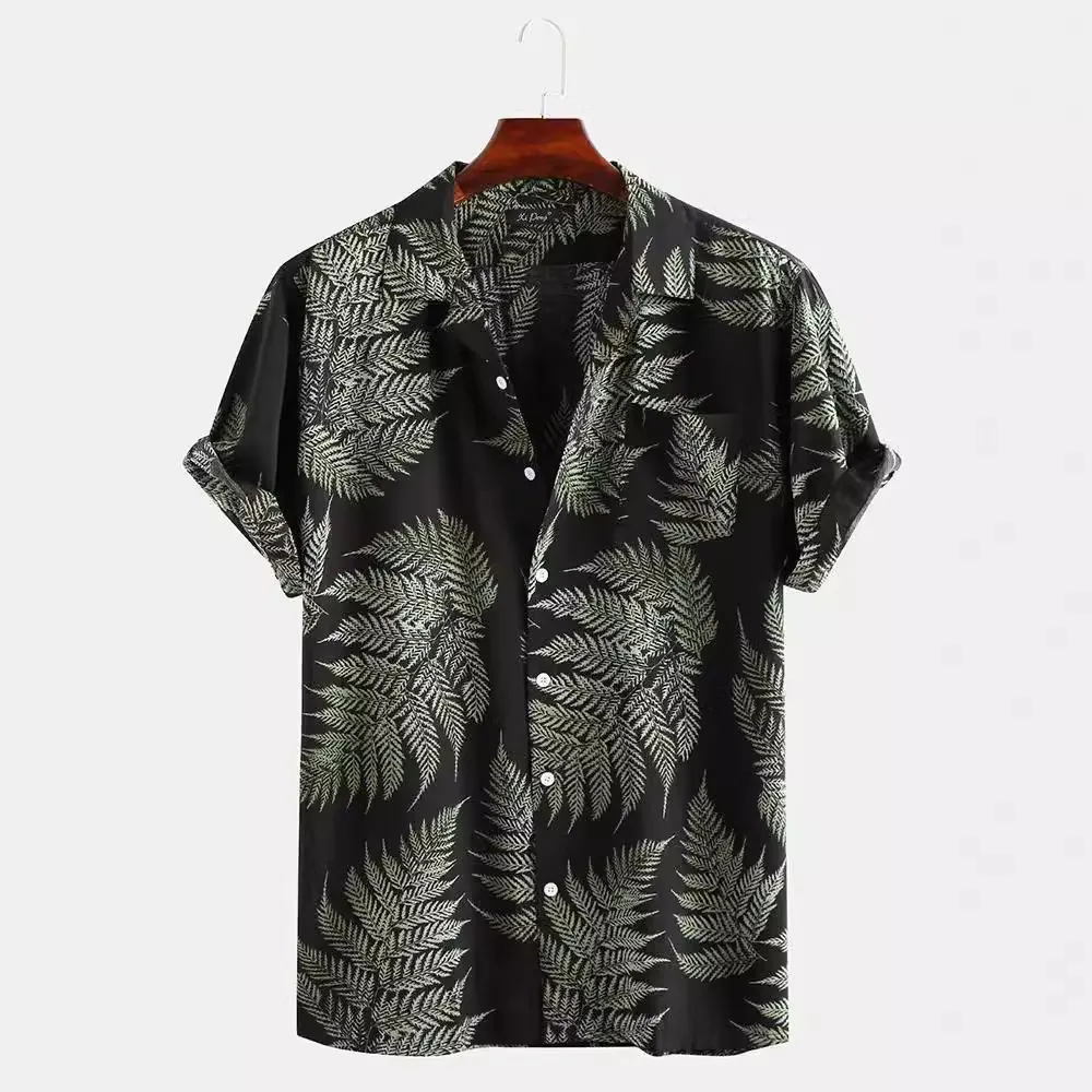 Men's Casual Tropical Leaf Print Short Sleeve Shirt Hawaiian Beach Button Down Loose Fit Vacation Cotton Blend Top