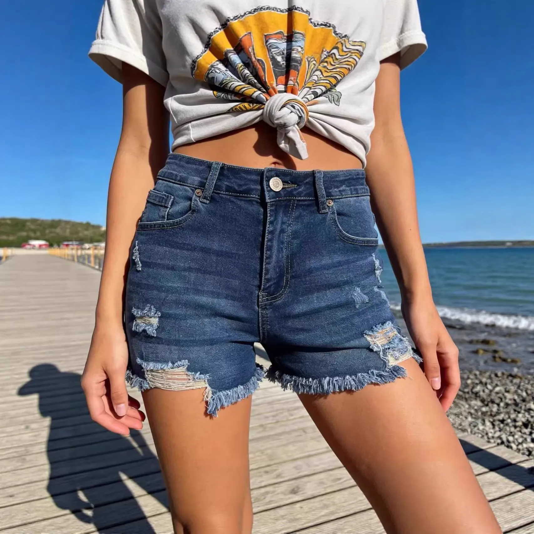 Women's Distressed Denim Shorts High Waist Ripped Frayed Hem Jean Shorts Slim Fit Washed Cotton Denim Bottom For Summer Casual Vacation