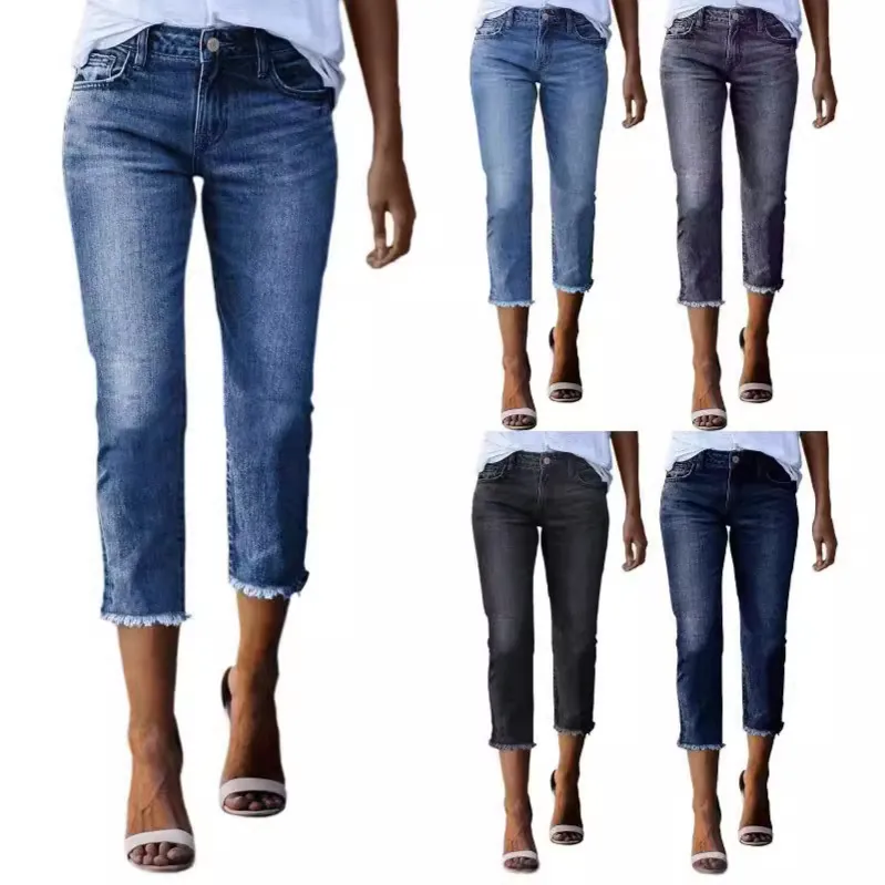 Women's Vintage Slim Fit High Waisted Denim Jeans Frayed Hem Raw Edge Stretchy Nine-Point Pants Casual Commute Denim Trousers