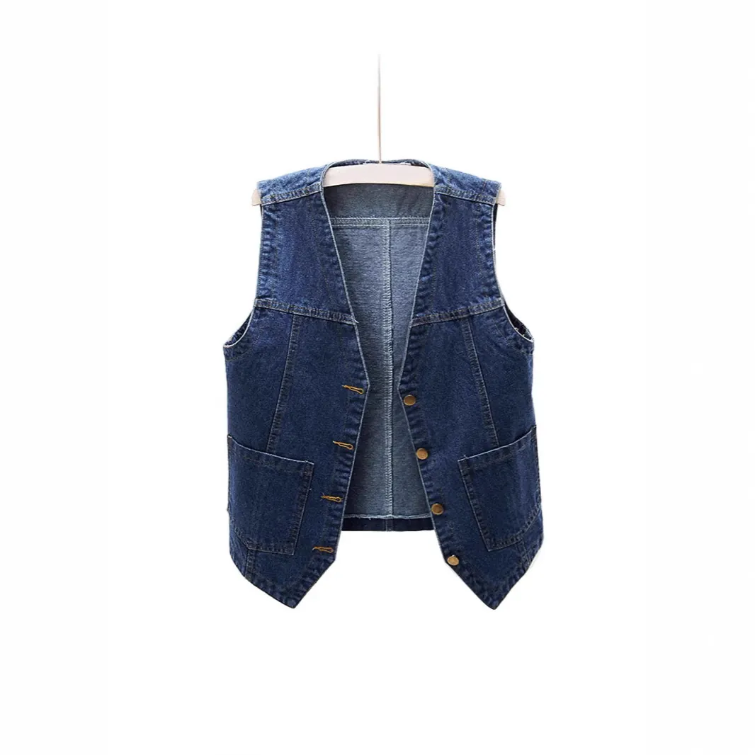 Damen Casual Denim Weste Kurz Locker Ärmellos Jacke Koreanischer Stil Baumwolle Bio-Baumwolle Einreihig Weste Mit Taschen Top