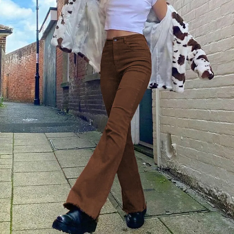 Women High Waisted Slim Fit Micro Flare Denim Jeans Street Style Washed Raw Hem Solid Color Long Pants For Ladies Daily Wear