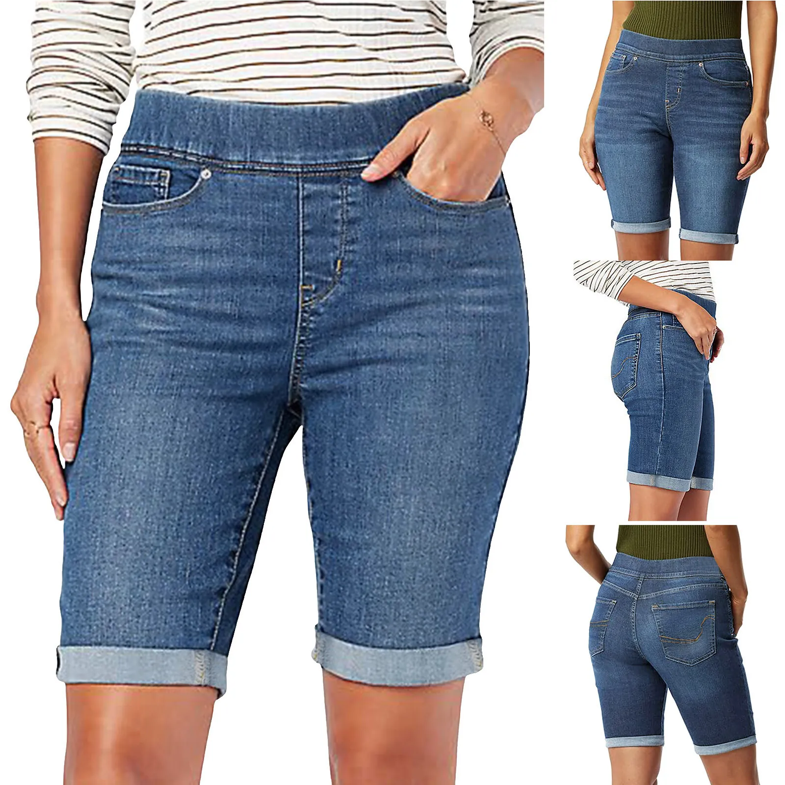Bermuda en Jean Coupe Slim pour Femme Taille Haute Extensible Ourlet Retroussé Short en Jean Skinny Décontracté Avec Poches