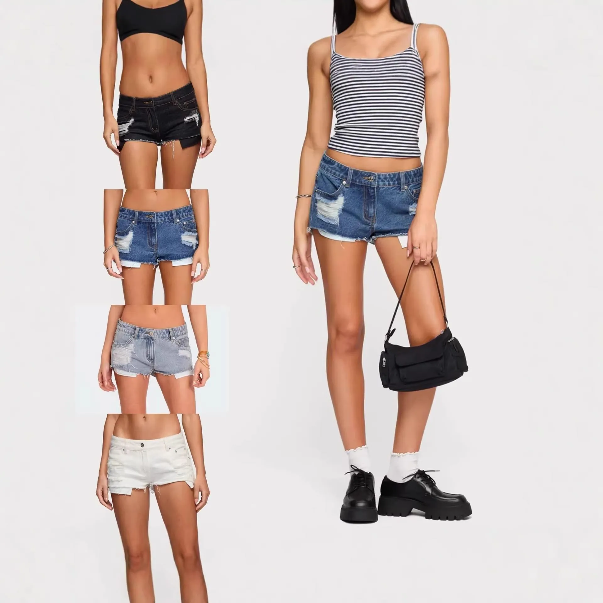 Pantaloncini di Denim Distressed a Vita Bassa da Donna Hot Pants in Cotone Lavato e Strappato Abbigliamento Estivo Streetwear