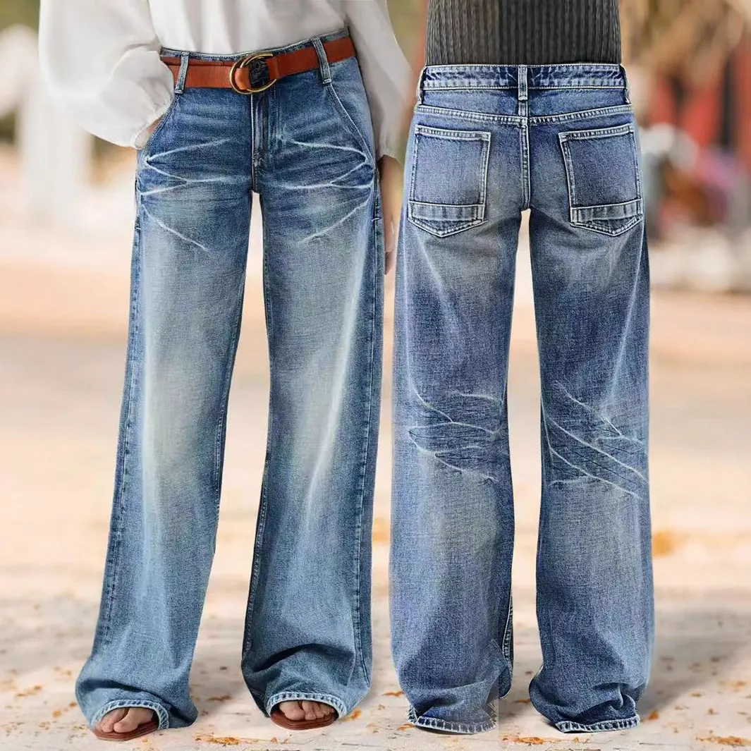 Women's Casual Straight Leg Denim Jeans High Waisted Washed Cotton Retro Wide Leg Streetwear Versatile Long Pants With Pockets