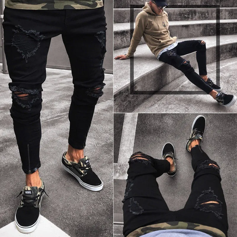 Men's Black Ripped Skinny Jeans With Zipper Leg Opening Hip Hop Streetwear Cotton Slim Fit Denim Trousers For Men