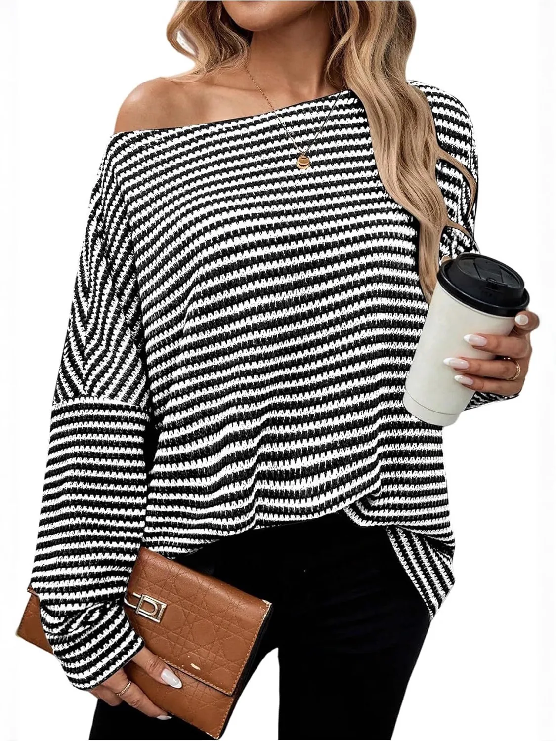 Koreanischer Stil Locker Gestreift Strickpullover Damen Lazy Style Rundhalsausschnitt Langarm Kontrastfarbe Top Frühling Herbst Strickwaren