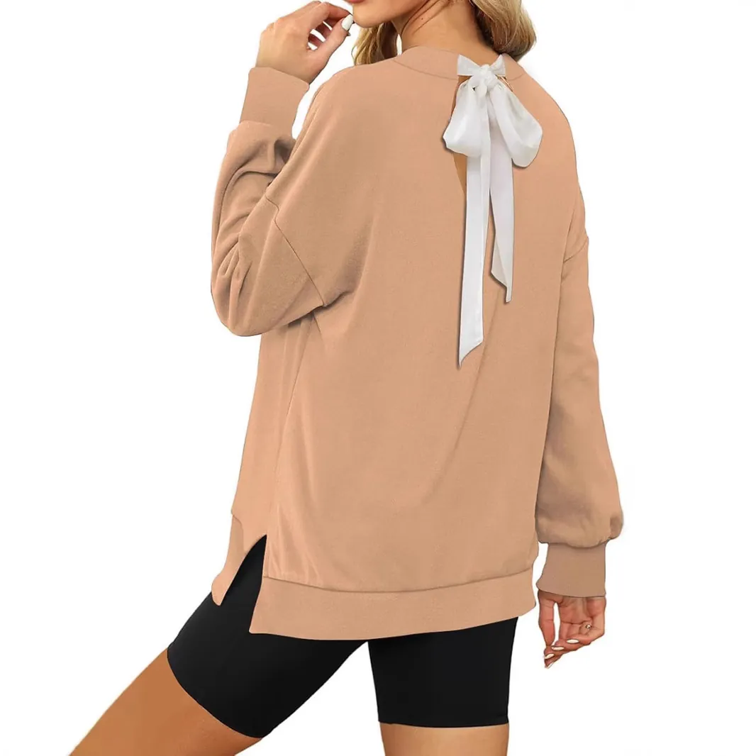 Sudadera Casual Holgada de Cuello Redondo para Mujer Color Sólido Lazo en la Espalda Manga Larga Top Abertura Lateral Moda Otoño