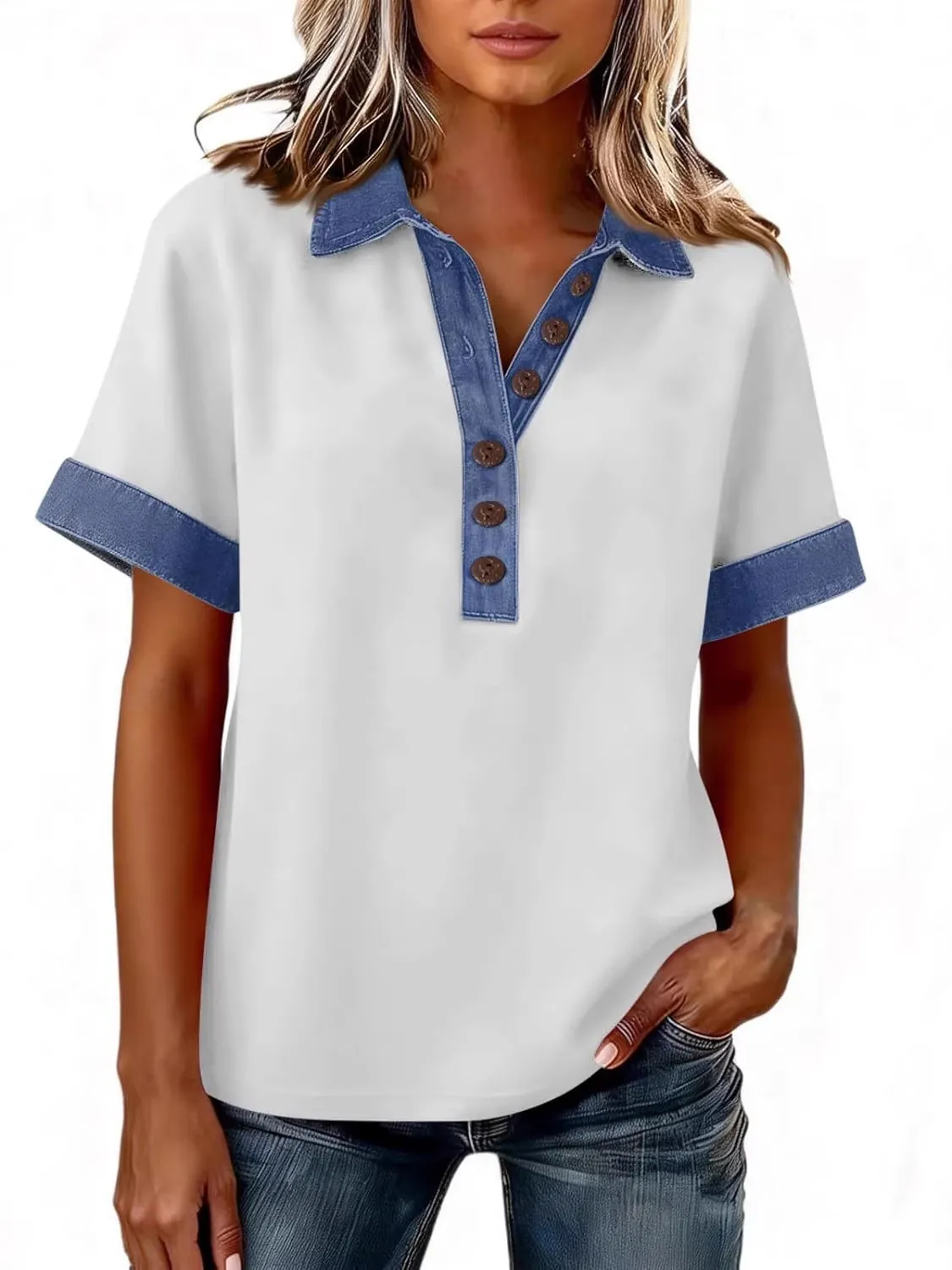 Damen Sommer Kurzarm Polo Shirt Denim Patchwork Locker Lässig T-Shirt Kontrast Besatz Revers Knopf Top