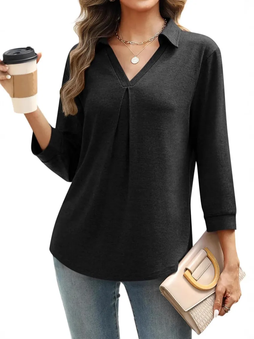 Damen V Ausschnitt Plissee Bluse Elegante Langarm Pullover Oberteile Herbst Lose Mode Büro Dame Einfarbige Polyester Hemd