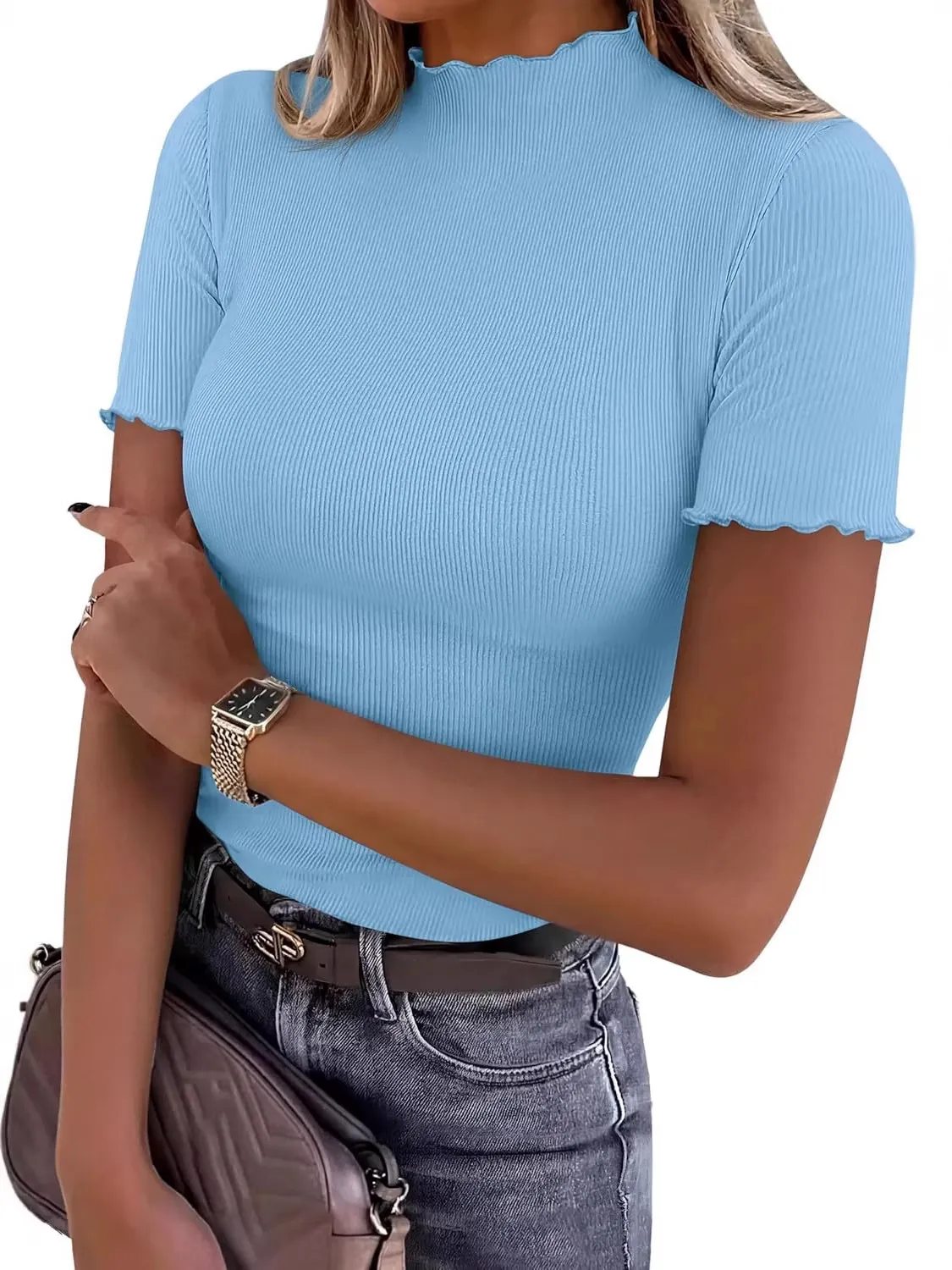 T-Shirt à Manches Courtes pour Femmes Col Montant Bordure Ondulée Tricot Côtelé Coupe Ajustée Basique Décontracté Haut Été