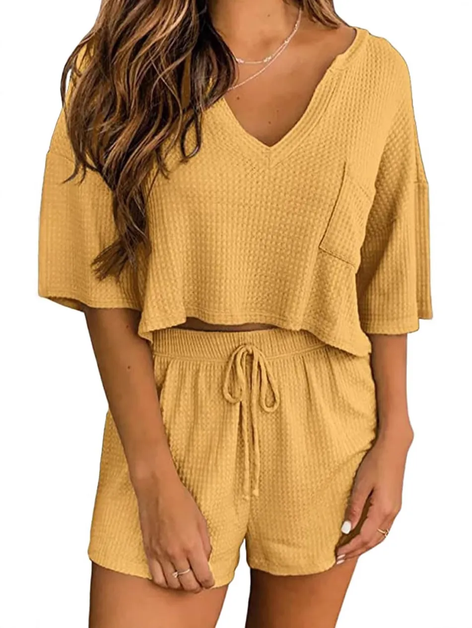 Tuta da Casa da Donna Casual in Maglia a Nido d'Ape Top e Pantaloni Scollo a V Manica Corta e Pantaloncini con Coulisse